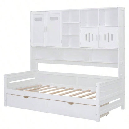 Twin Size Wooden Daybed With 2 Drawers, and All - in - One Cabinet and Shelf, White