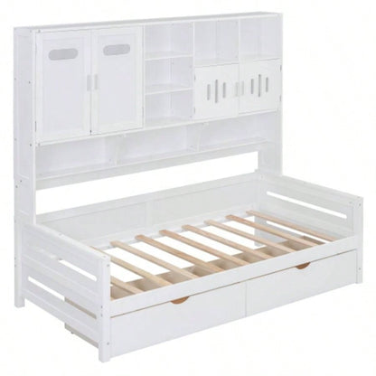 Twin Size Wooden Daybed With 2 Drawers, and All - in - One Cabinet and Shelf, White