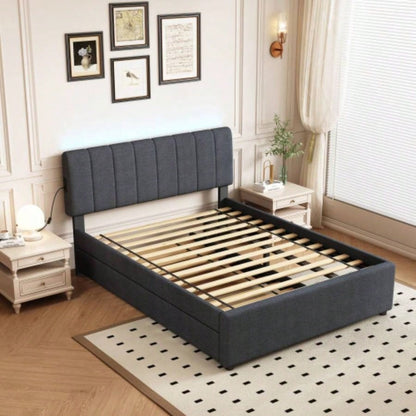 Full Size Upholstered Platform Bed with Twin Size Trundle and 1 sets of USB, with Remote control Intelligence LED Lights with APP, Linen Fabric, Dark