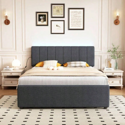 Full Size Upholstered Platform Bed with Twin Size Trundle and 1 sets of USB, with Remote control Intelligence LED Lights with APP, Linen Fabric, Dark