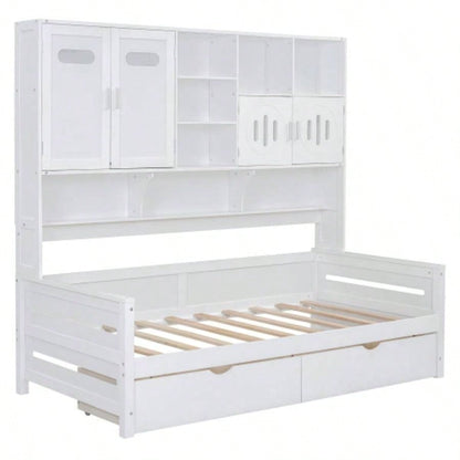 Twin Size Wooden Daybed With 2 Drawers, and All - in - One Cabinet and Shelf, White