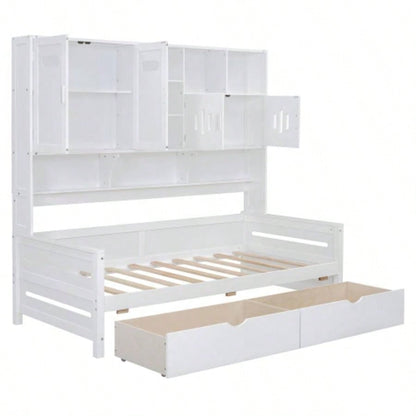 Twin Size Wooden Daybed With 2 Drawers, and All - in - One Cabinet and Shelf, White