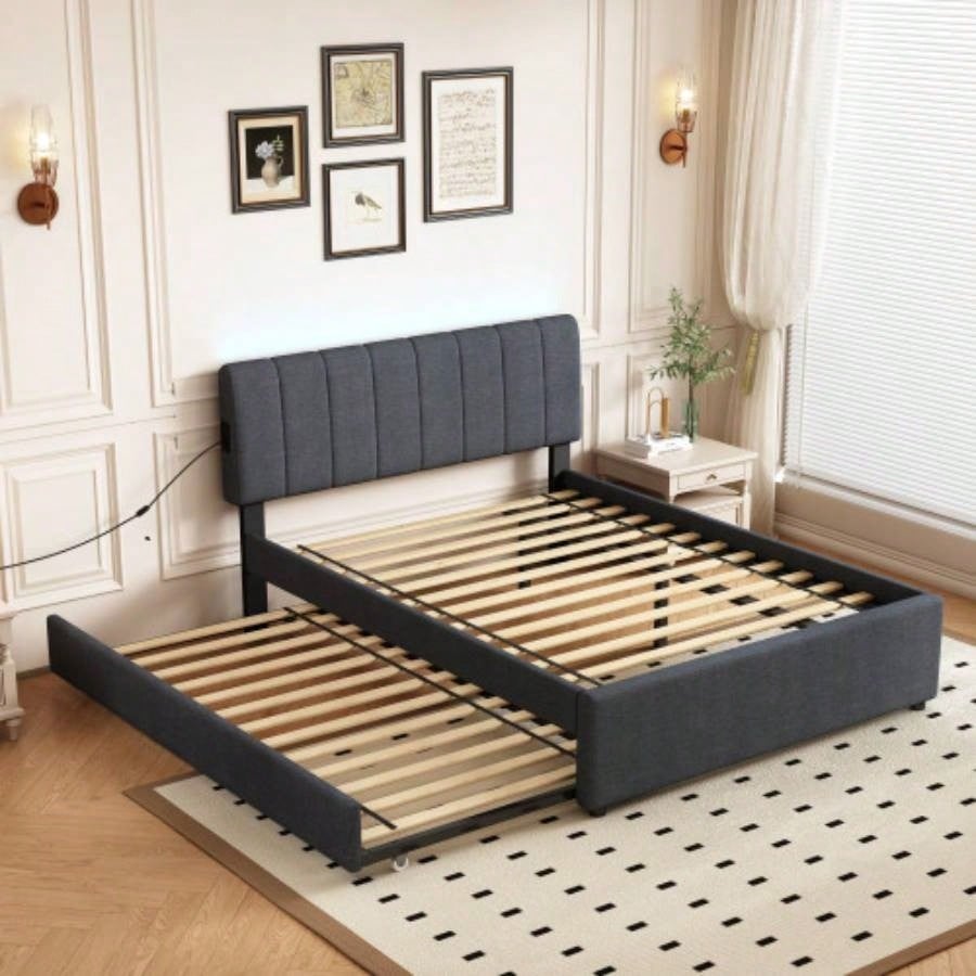 Full Size Upholstered Platform Bed with Twin Size Trundle and 1 sets of USB, with Remote control Intelligence LED Lights with APP, Linen Fabric, Dark