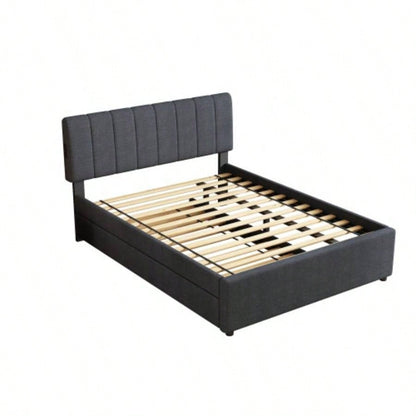 Full Size Upholstered Platform Bed with Twin Size Trundle and 1 sets of USB, with Remote control Intelligence LED Lights with APP, Linen Fabric, Dark