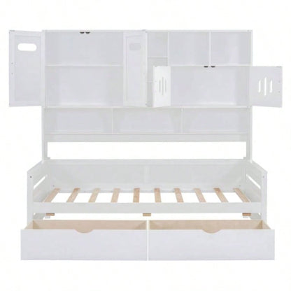 Twin Size Wooden Daybed With 2 Drawers, and All - in - One Cabinet and Shelf, White