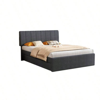 Full Size Upholstered Platform Bed with Twin Size Trundle and 1 sets of USB, with Remote control Intelligence LED Lights with APP, Linen Fabric, Dark