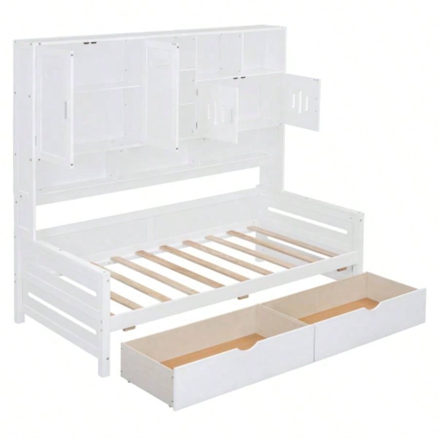 Twin Size Wooden Daybed With 2 Drawers, and All - in - One Cabinet and Shelf, White