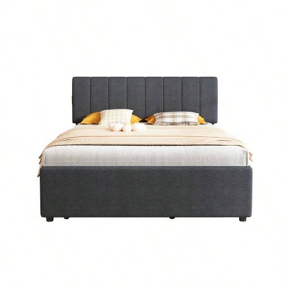 Full Size Upholstered Platform Bed with Twin Size Trundle and 1 sets of USB, with Remote control Intelligence LED Lights with APP, Linen Fabric, Dark