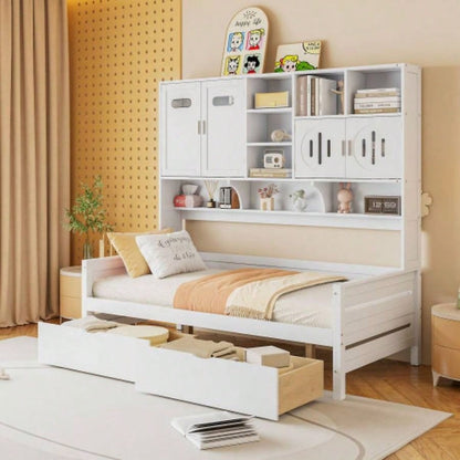 Twin Size Wooden Daybed With 2 Drawers, and All - in - One Cabinet and Shelf, White
