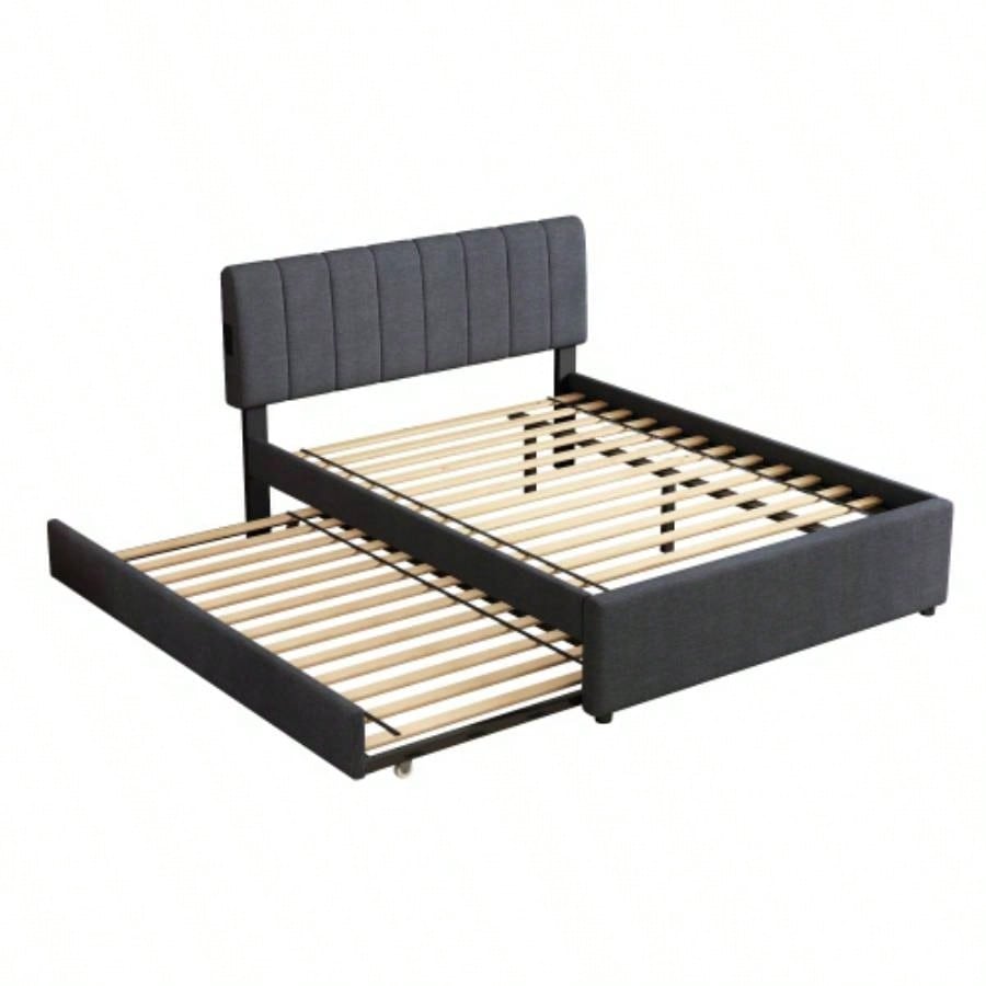 Full Size Upholstered Platform Bed with Twin Size Trundle and 1 sets of USB, with Remote control Intelligence LED Lights with APP, Linen Fabric, Dark