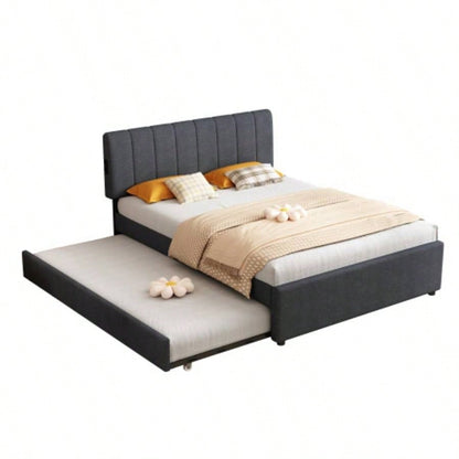 Full Size Upholstered Platform Bed with Twin Size Trundle and 1 sets of USB, with Remote control Intelligence LED Lights with APP, Linen Fabric, Dark
