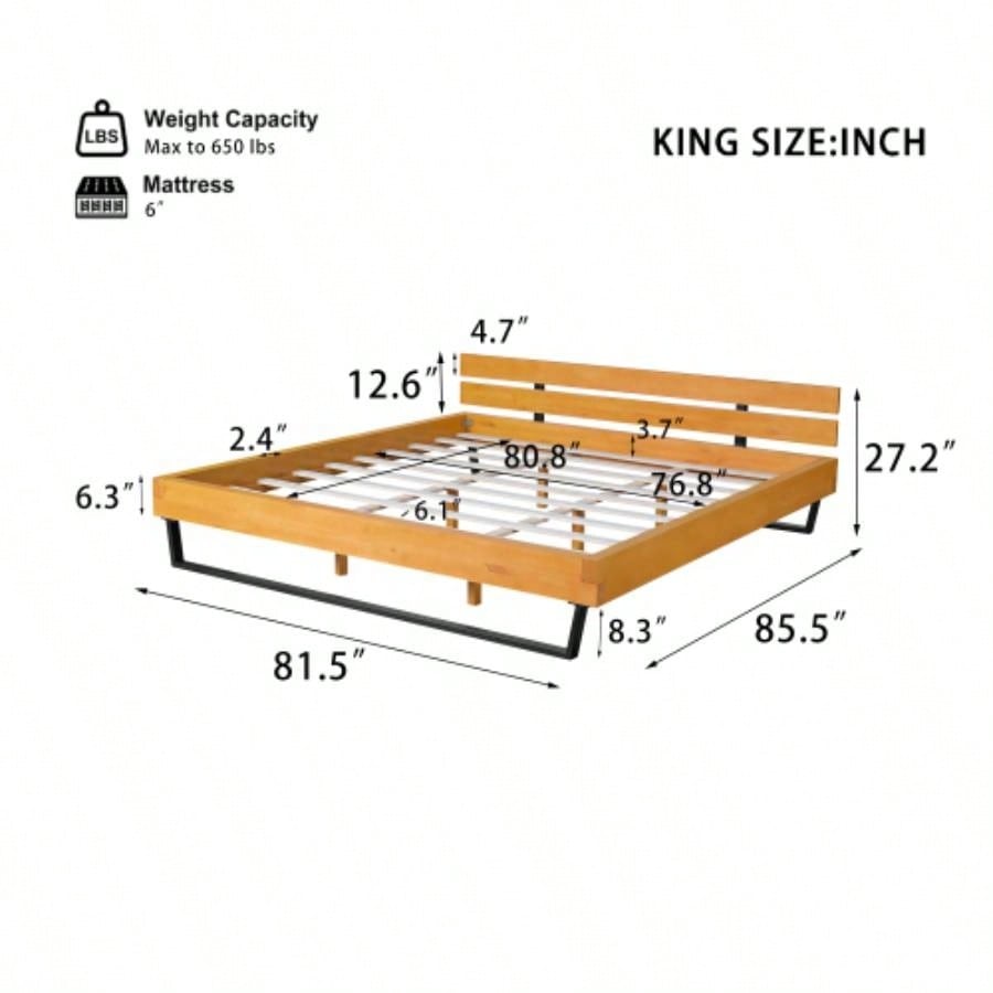 PINE WOOD BED FRAME KING SIZE, NATURAL BLACK COLOR