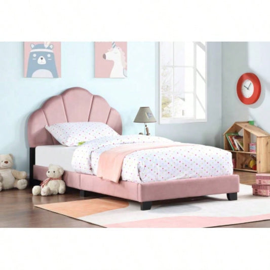 Upholstered Twin Size Platform Bed Kids, Wooden Bed Frame with Slatted Bed Base, No Box Spring Needed, Cute Bed Frame with Design Headboard Girls Boys Teens, Pink