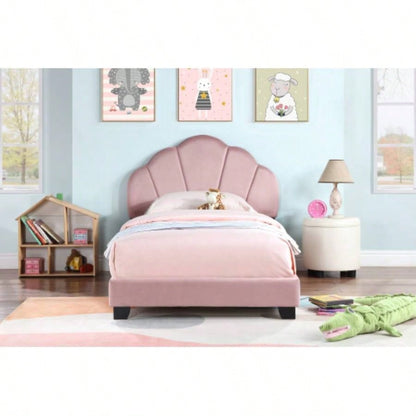 Upholstered Twin Size Platform Bed Kids, Wooden Bed Frame with Slatted Bed Base, No Box Spring Needed, Cute Bed Frame with Design Headboard Girls Boys Teens, Pink