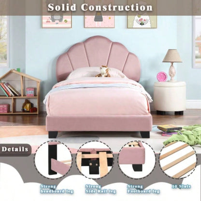 Upholstered Twin Size Platform Bed Kids, Wooden Bed Frame with Slatted Bed Base, No Box Spring Needed, Cute Bed Frame with Design Headboard Girls Boys Teens, Pink
