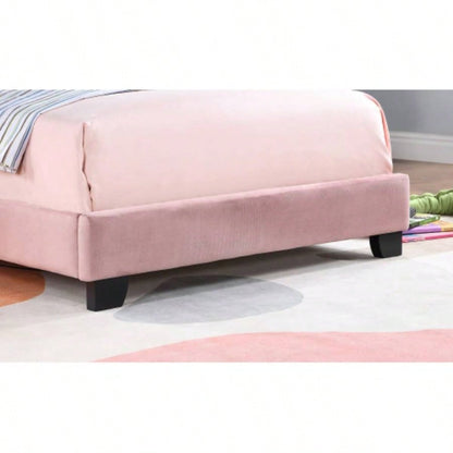 Upholstered Twin Size Platform Bed Kids, Wooden Bed Frame with Slatted Bed Base, No Box Spring Needed, Cute Bed Frame with Design Headboard Girls Boys Teens, Pink