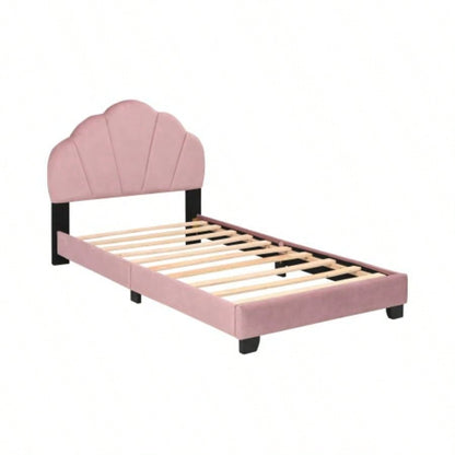 Upholstered Twin Size Platform Bed Kids, Wooden Bed Frame with Slatted Bed Base, No Box Spring Needed, Cute Bed Frame with Design Headboard Girls Boys Teens, Pink
