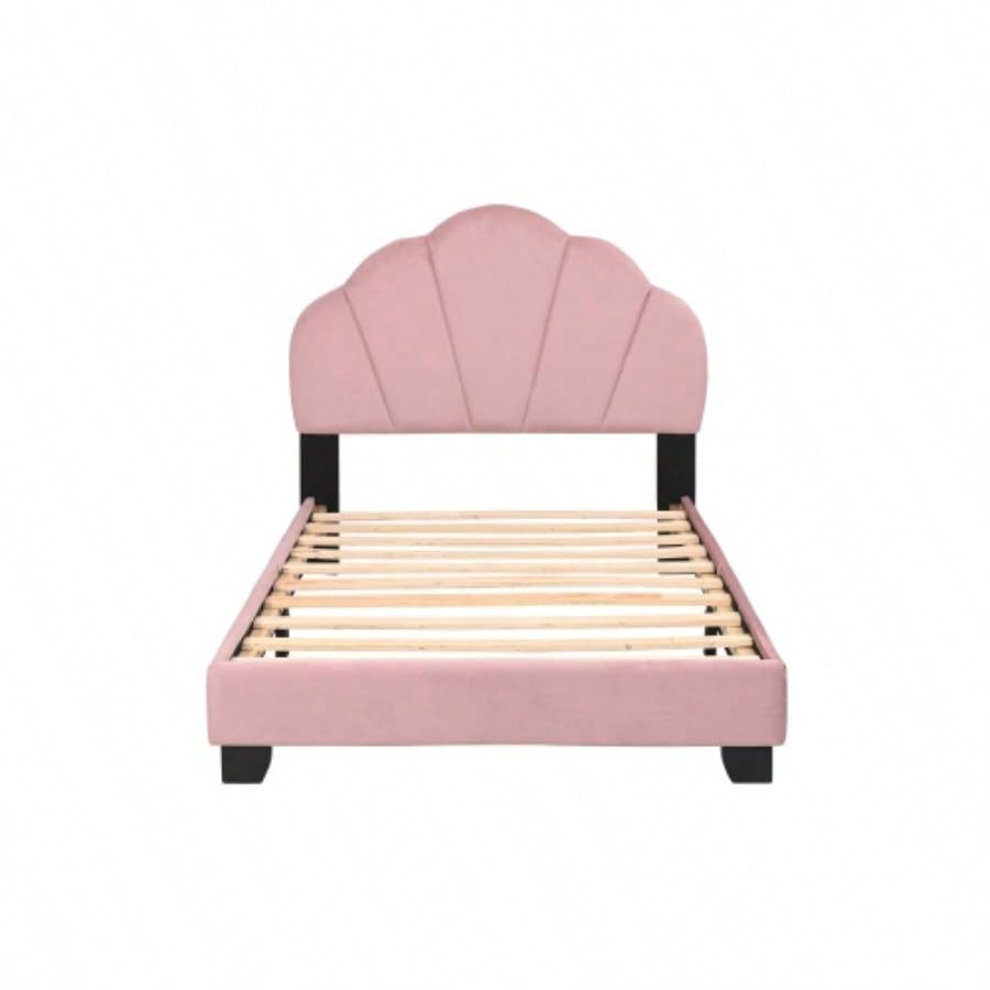 Upholstered Twin Size Platform Bed Kids, Wooden Bed Frame with Slatted Bed Base, No Box Spring Needed, Cute Bed Frame with Design Headboard Girls Boys Teens, Pink