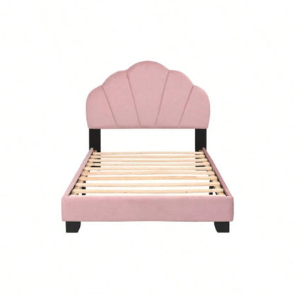 Upholstered Twin Size Platform Bed Kids, Wooden Bed Frame with Slatted Bed Base, No Box Spring Needed, Cute Bed Frame with Design Headboard Girls Boys Teens, Pink