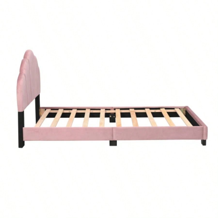 Upholstered Twin Size Platform Bed Kids, Wooden Bed Frame with Slatted Bed Base, No Box Spring Needed, Cute Bed Frame with Design Headboard Girls Boys Teens, Pink