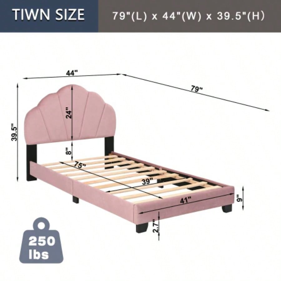 Upholstered Twin Size Platform Bed Kids, Wooden Bed Frame with Slatted Bed Base, No Box Spring Needed, Cute Bed Frame with Design Headboard Girls Boys Teens, Pink