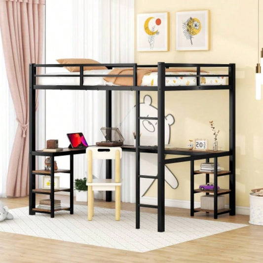 Full Metal Loft Bed with Desk and Shelves, Loft Bed with Ladder and Guardrails, Loft Bed Frame Bedroom, Black with Vintage wood - colored deskOld SKU: W1307S00022