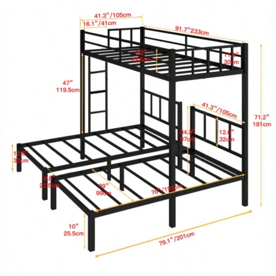 Triple twin bunk bed, can be separated into 3 twin beds