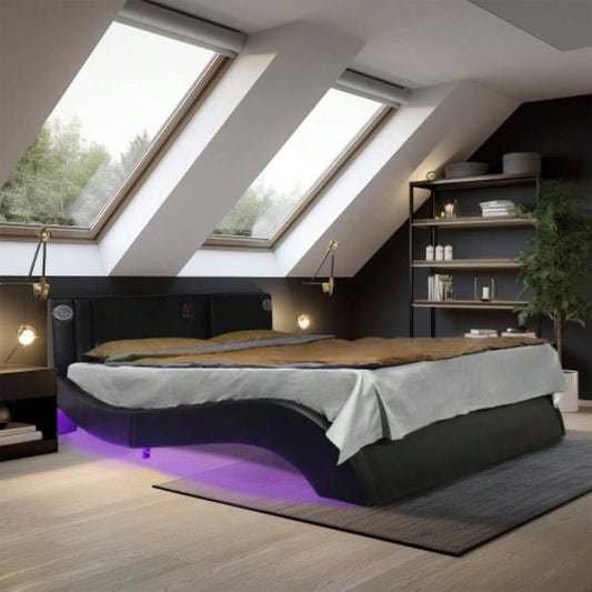Faux Leather Upholstered Platform Bed Frame with led lighting, connection to music control, Backrest vibration massage, Curve Design, Wood Slat Support, Exhibited Speakers,