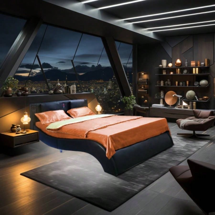 Faux Leather Upholstered Platform Bed Frame with led lighting, connection to music control, Backrest vibration massage, Curve Design, Wood Slat Support, Exhibited Speakers,