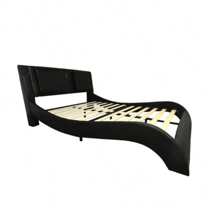 Faux Leather Upholstered Platform Bed Frame with led lighting, connection to music control, Backrest vibration massage, Curve Design, Wood Slat Support, Exhibited Speakers,