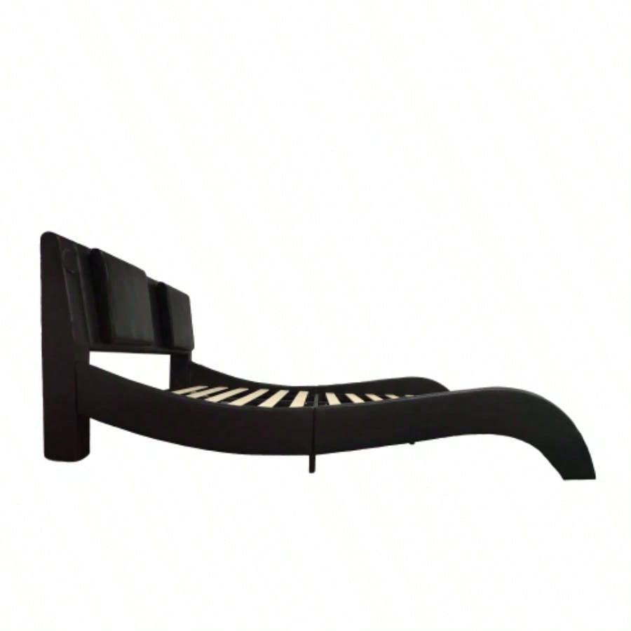 Faux Leather Upholstered Platform Bed Frame with led lighting, connection to music control, Backrest vibration massage, Curve Design, Wood Slat Support, Exhibited Speakers,