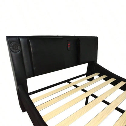 Faux Leather Upholstered Platform Bed Frame with led lighting, connection to music control, Backrest vibration massage, Curve Design, Wood Slat Support, Exhibited Speakers,