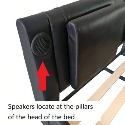 Faux Leather Upholstered Platform Bed Frame with led lighting, connection to music control, Backrest vibration massage, Curve Design, Wood Slat Support, Exhibited Speakers,