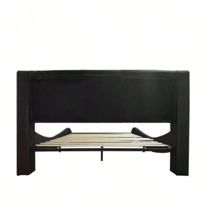 Faux Leather Upholstered Platform Bed Frame with led lighting, connection to music control, Backrest vibration massage, Curve Design, Wood Slat Support, Exhibited Speakers,