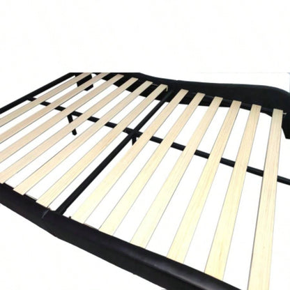 Faux Leather Upholstered Platform Bed Frame with led lighting, connection to music control, Backrest vibration massage, Curve Design, Wood Slat Support, Exhibited Speakers,