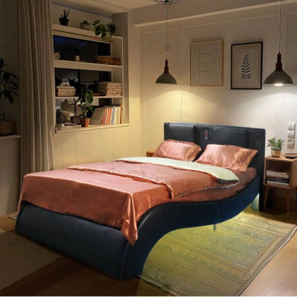 Faux Leather Upholstered Platform Bed Frame with led lighting, connection to music control, Backrest vibration massage, Curve Design, Wood Slat Support, Exhibited Speakers,