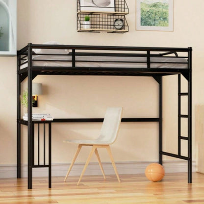 Twin Metal Loft Bed with Desk, Ladder and Guardrails, bookdesk under bed, Black