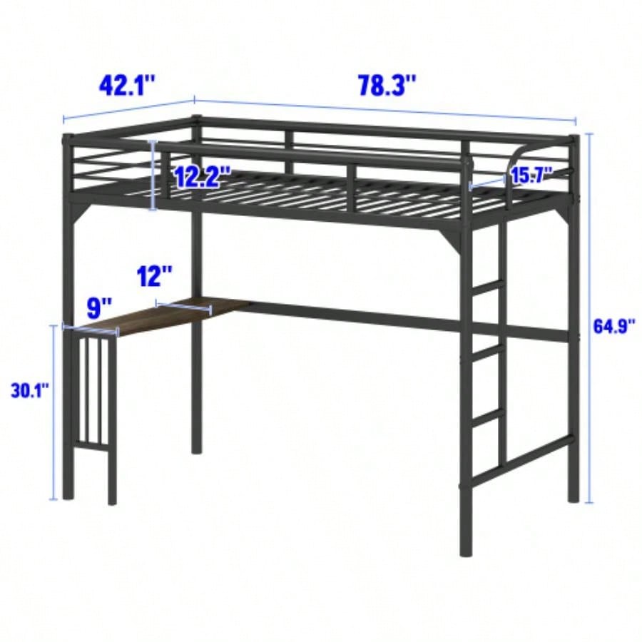 Twin Metal Loft Bed with Desk, Ladder and Guardrails, bookdesk under bed, Black