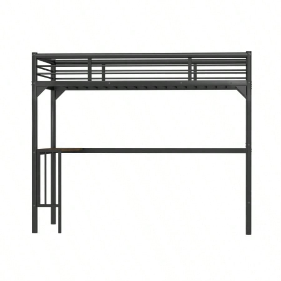 Twin Metal Loft Bed with Desk, Ladder and Guardrails, bookdesk under bed, Black