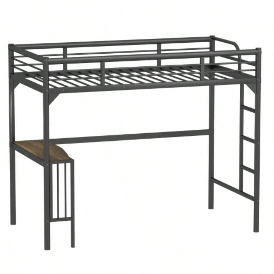 Twin Metal Loft Bed with Desk, Ladder and Guardrails, bookdesk under bed, Black