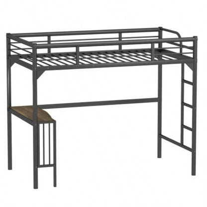 Twin Metal Loft Bed with Desk, Ladder and Guardrails, bookdesk under bed, Black