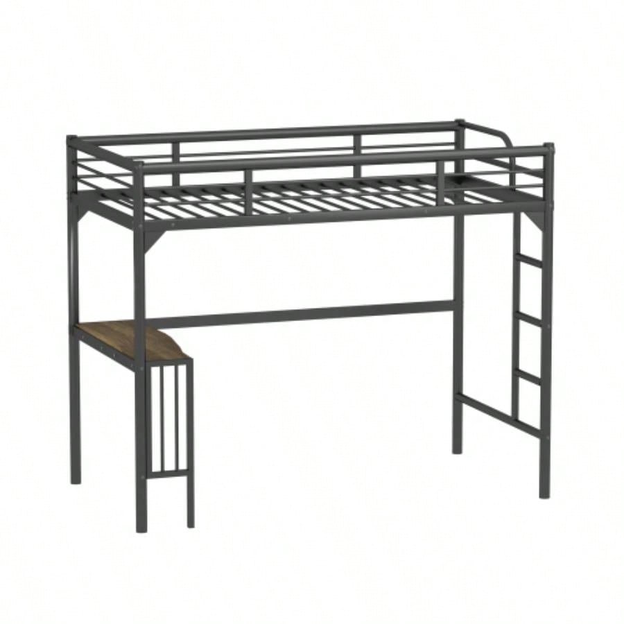 Twin Metal Loft Bed with Desk, Ladder and Guardrails, bookdesk under bed, Black
