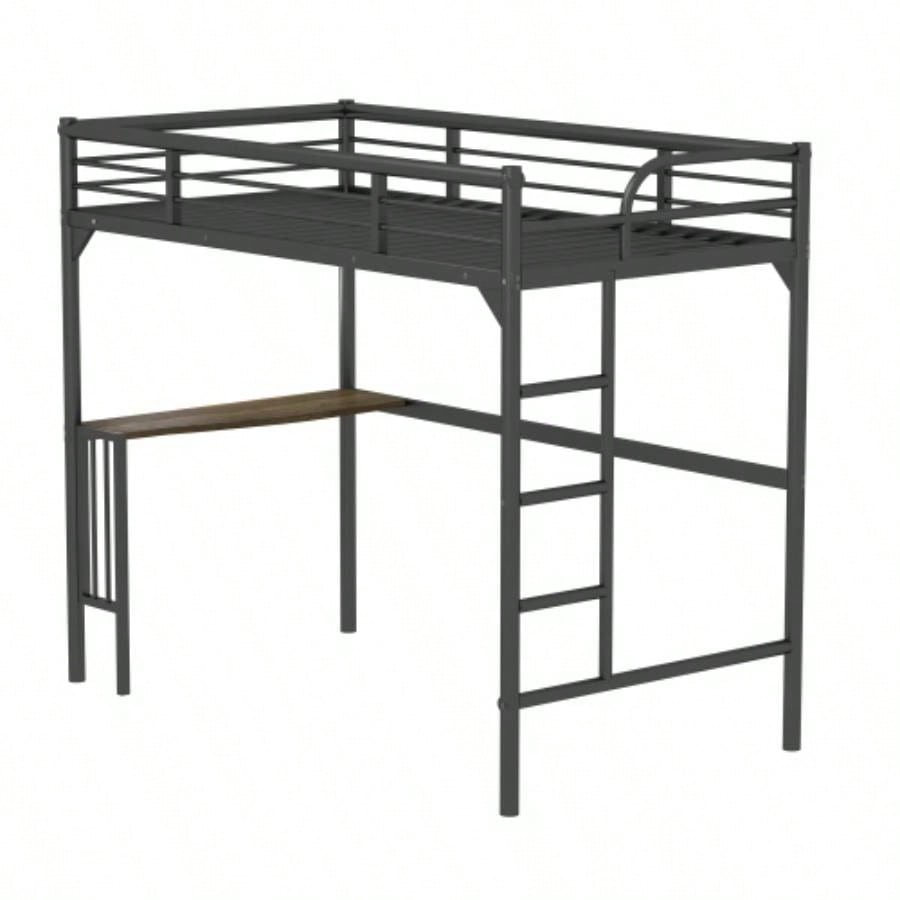Twin Metal Loft Bed with Desk, Ladder and Guardrails, bookdesk under bed, Black