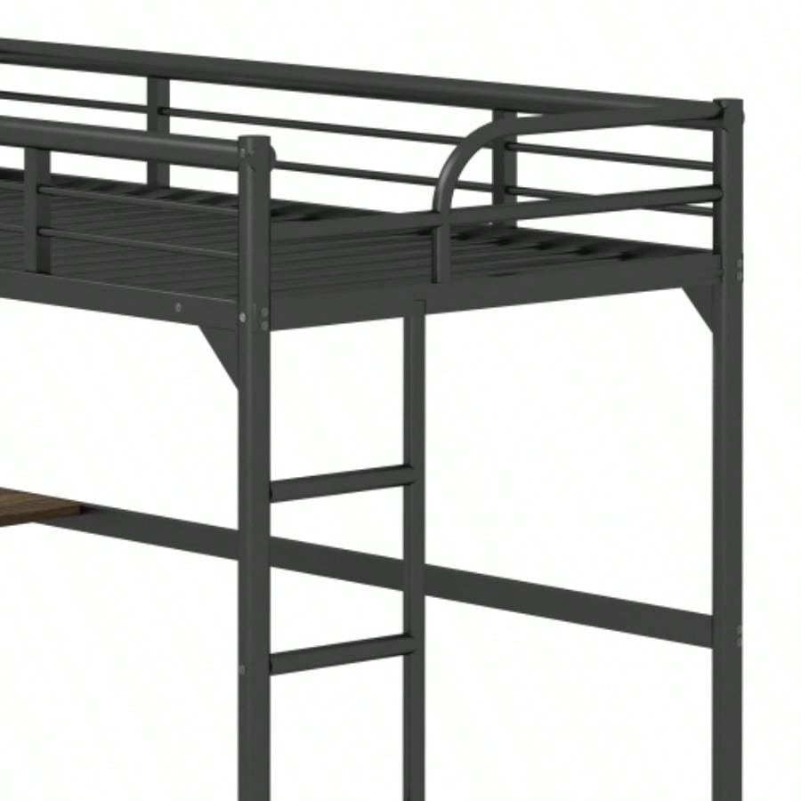 Twin Metal Loft Bed with Desk, Ladder and Guardrails, bookdesk under bed, Black