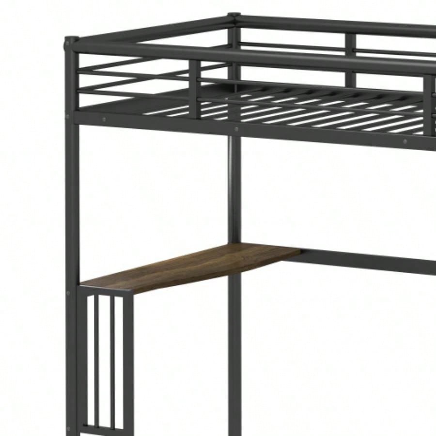 Twin Metal Loft Bed with Desk, Ladder and Guardrails, bookdesk under bed, Black