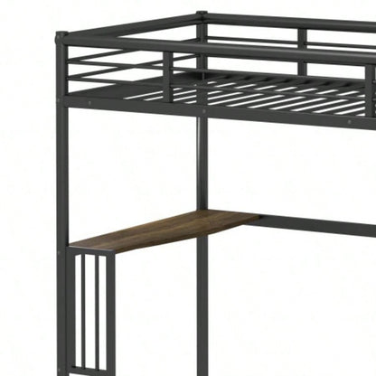 Twin Metal Loft Bed with Desk, Ladder and Guardrails, bookdesk under bed, Black