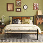 Full Size Metal Bedframe with Wood Panel Headboard - Black+Brown