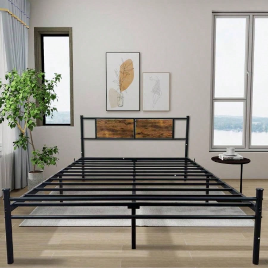 Full Size Metal Bedframe with Wood Panel Headboard - Black+Brown