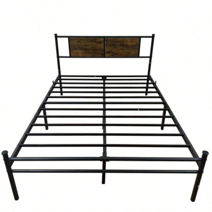 Full Size Metal Bedframe with Wood Panel Headboard - Black+Brown
