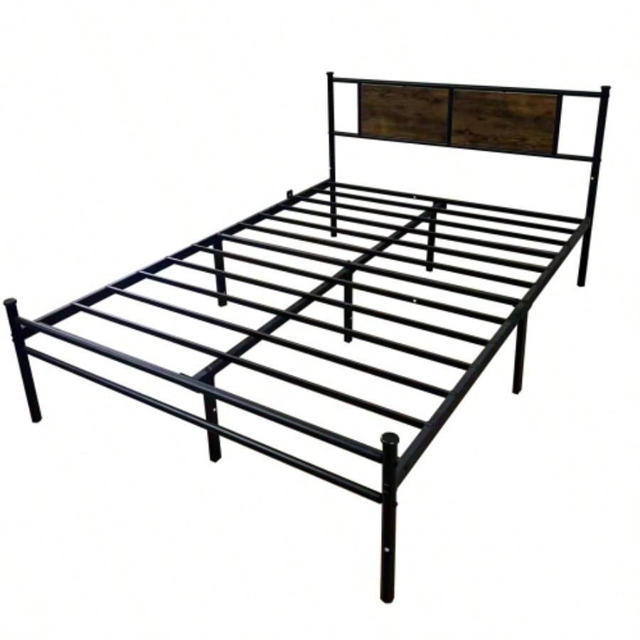 Full Size Metal Bedframe with Wood Panel Headboard - Black+Brown